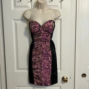 Bebe Black with Purple Leopard Strapless Ruched Dress Size Medium